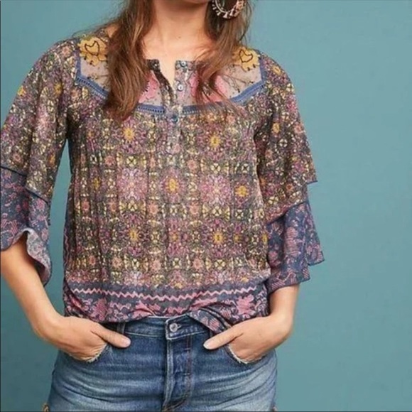 Anthropologie Postmark Ciutadella Embroidered Peasant Boho Top - Picture 1 of 14